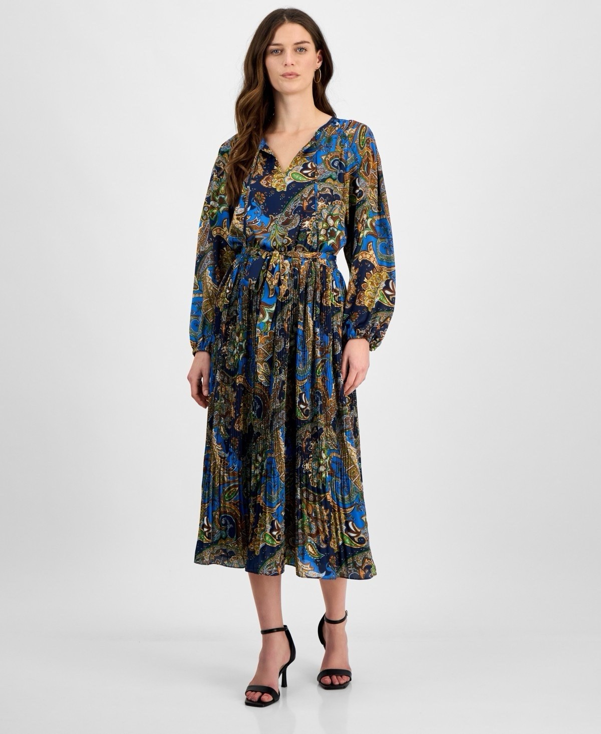 $148 T Tahari Women’s Blue Printed Long-Sleeve Fit & Flare Dress Size L