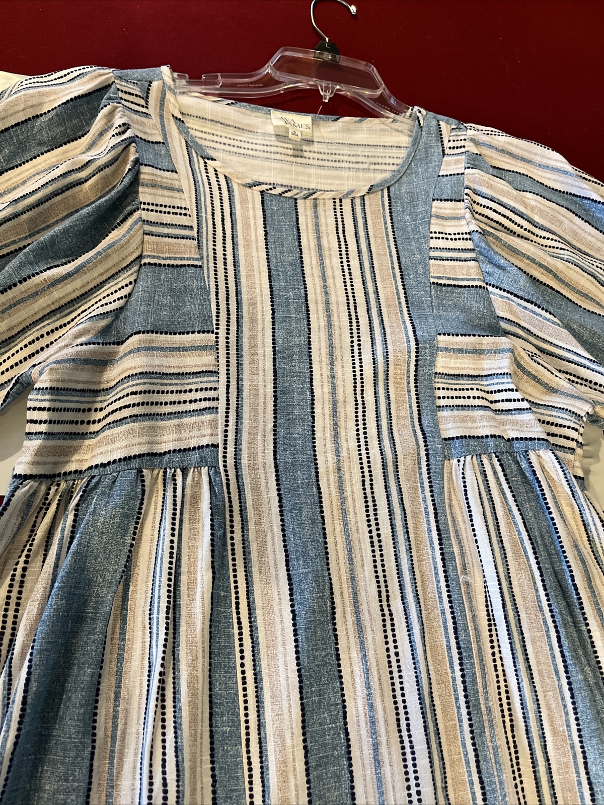 NEW Blue White Striped LINEN Sun DRESS Cotton Peasant PUFFY Sleeves Womens Small