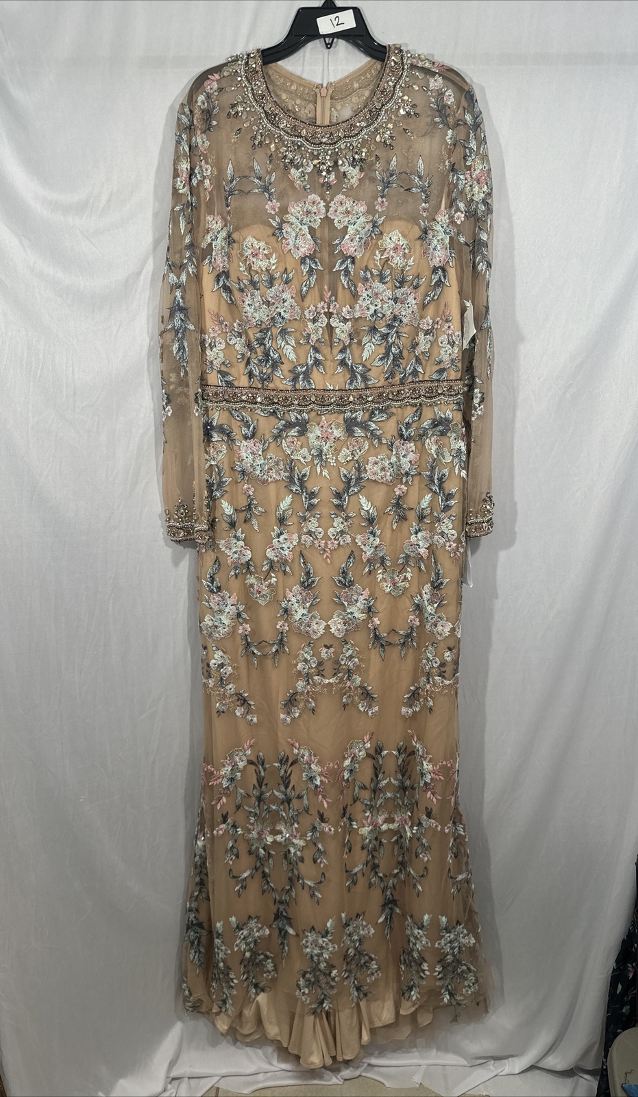 NWT $798 Mac Duggal [ 14 ] Floral Embroidered Long Sleeve Trumpet Gown Nude Q624