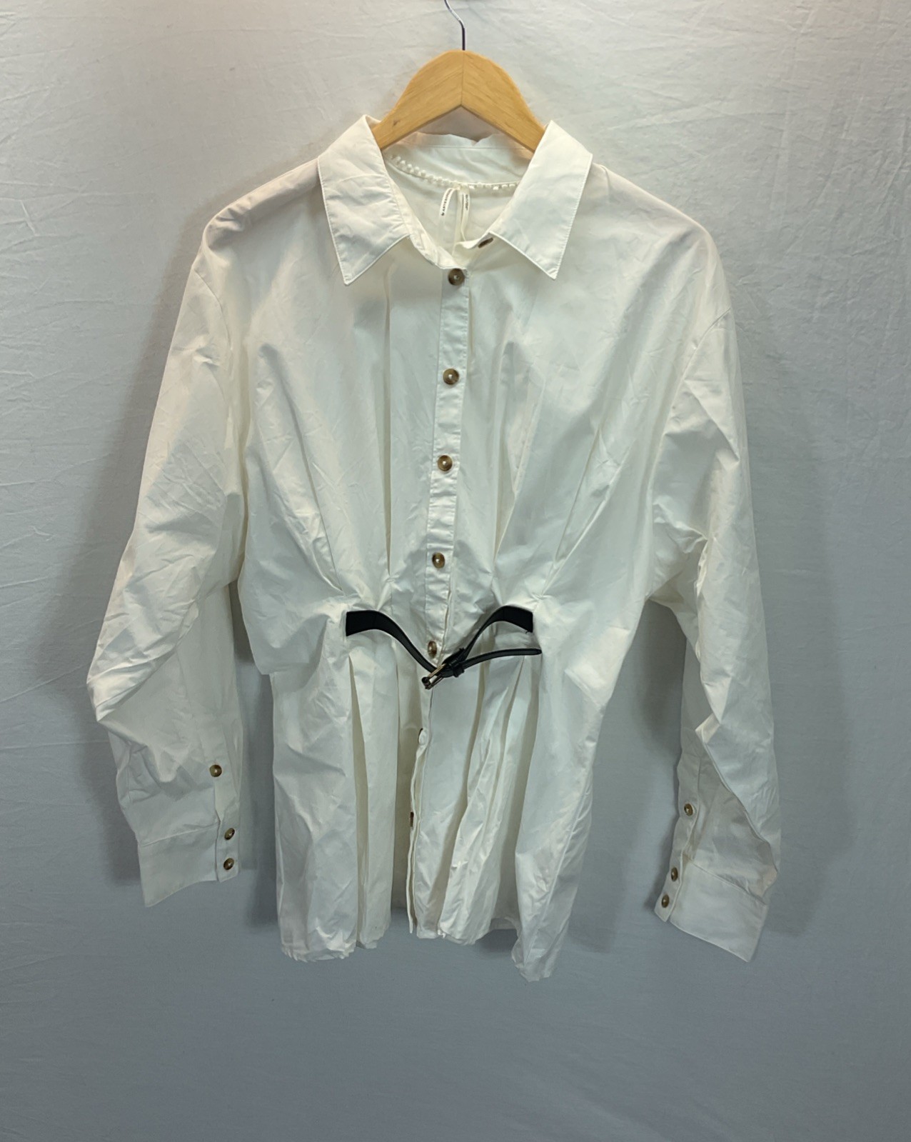 Anthropologie Mini Pleated Buckle Cotton Shirt Dress Button Up Long Sleeve sz 12