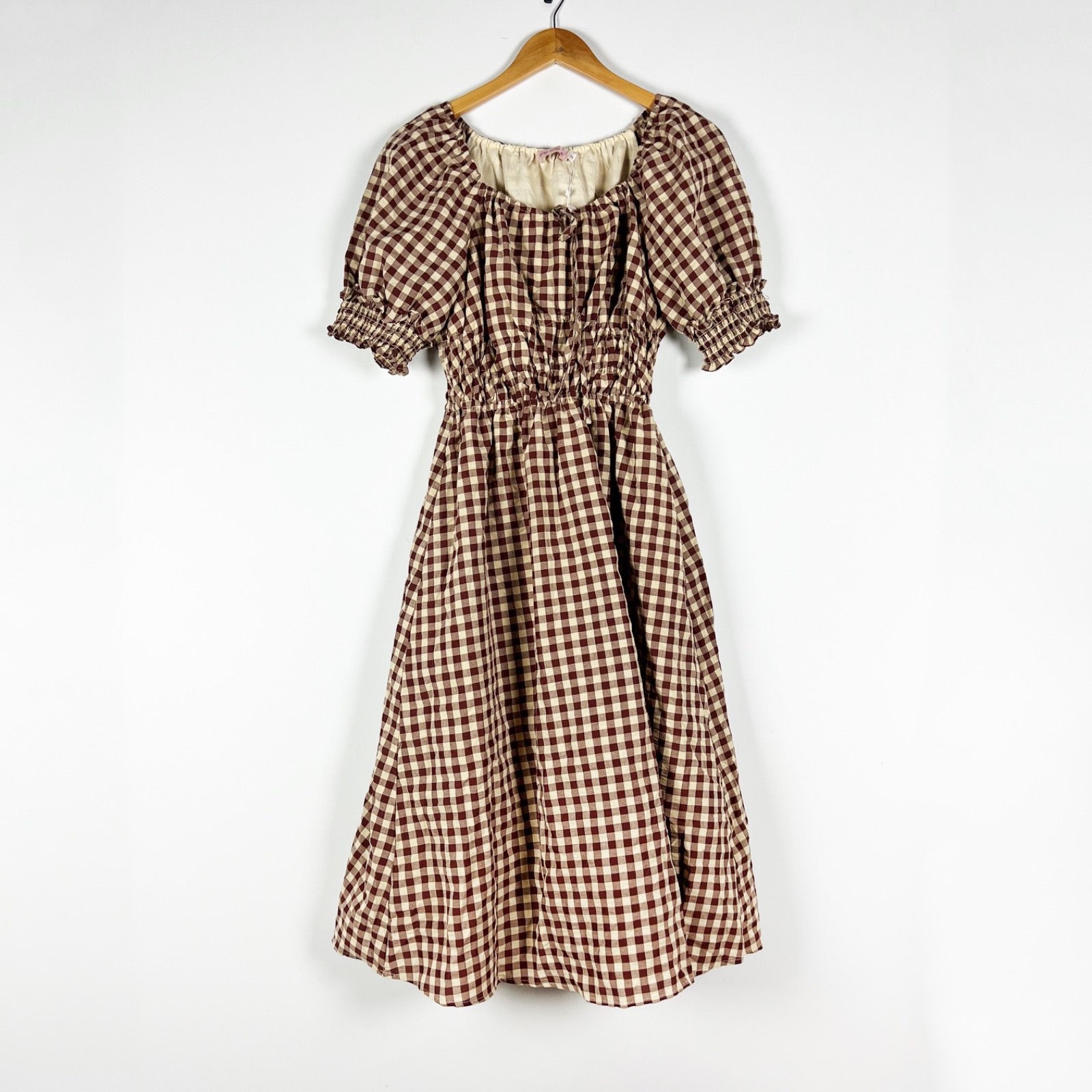 NEW Ivy City Co Kaitlyn Cotton Blend Brown Gingham Check Print Midi Dress S