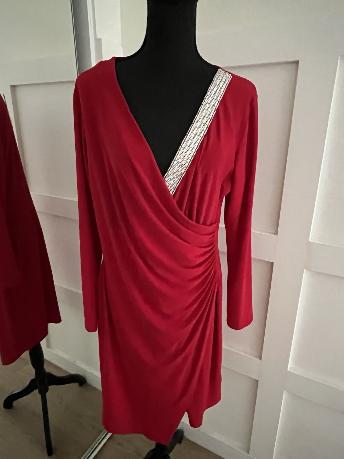 IBS Red Long Sleeve Dress, Side Gathered With Rhinestone Detail￼SZ L