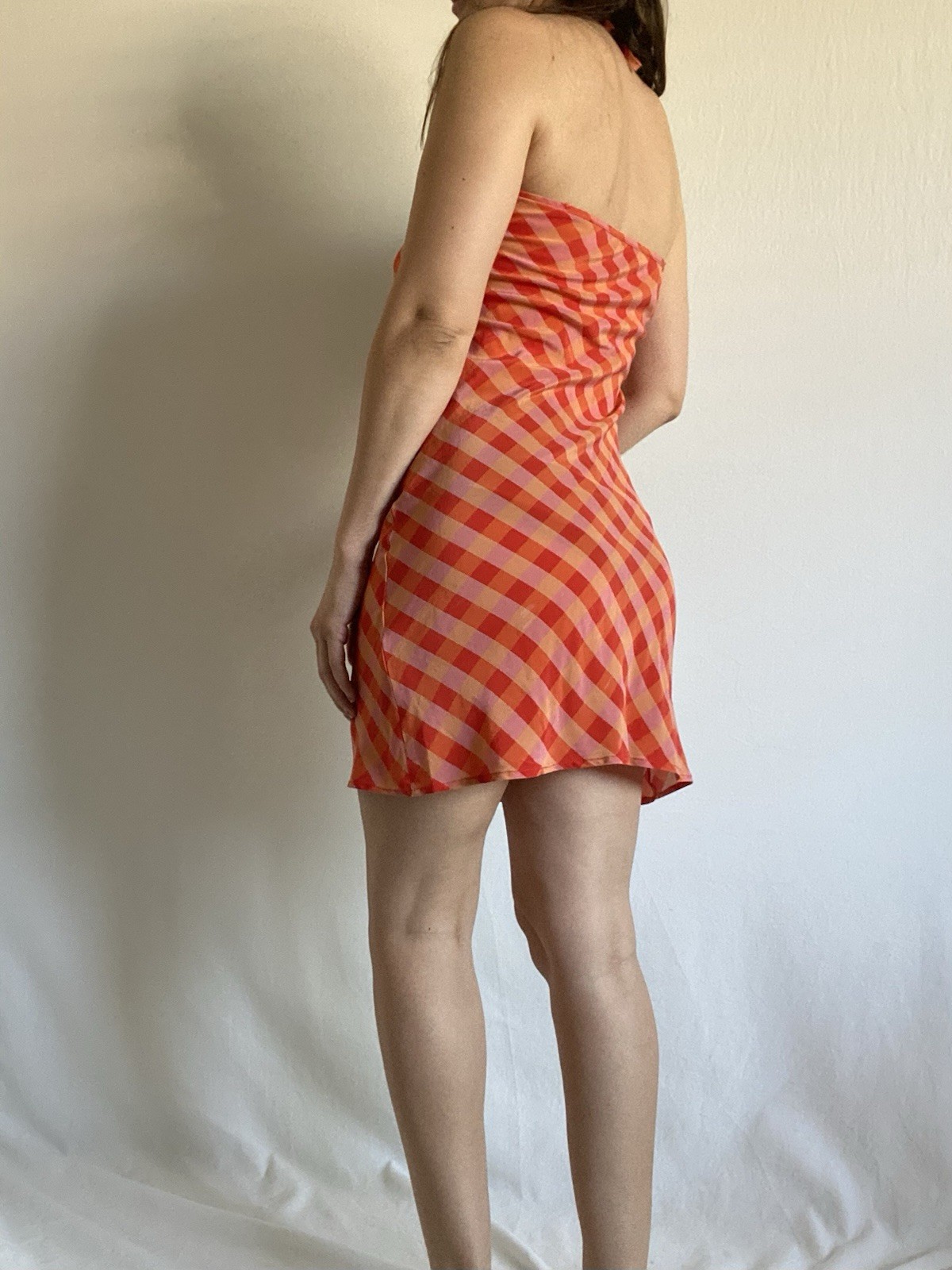 LHD 100% Silk Orange Pink Gingham Halter Mini Dress Open Back Size 4