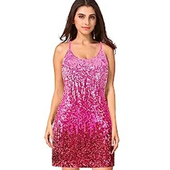 Maner Glitter Sequin Dress Adjustable Spaghetti Strap Sparkle Party Dress, Large