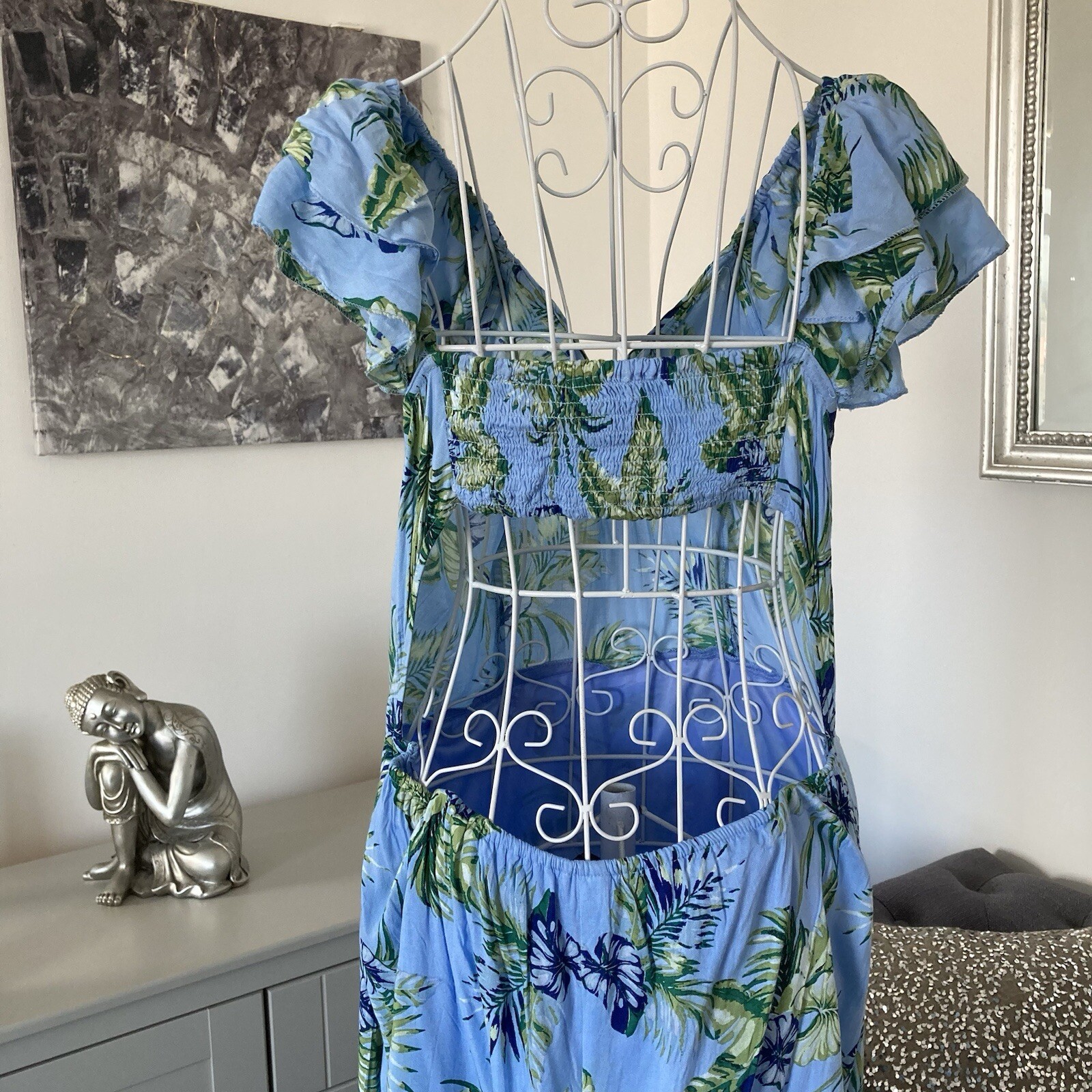 Blue Leaf Print Ruffle Scoop Neck Sleeveless Open Back Tiered Maxi Dress L 10-12