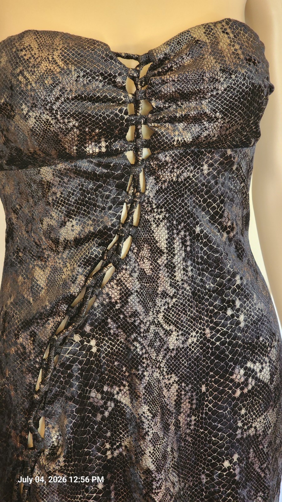 Windsor Strapless Faux-Snakeskin Maxi Dress in Brown And Gold