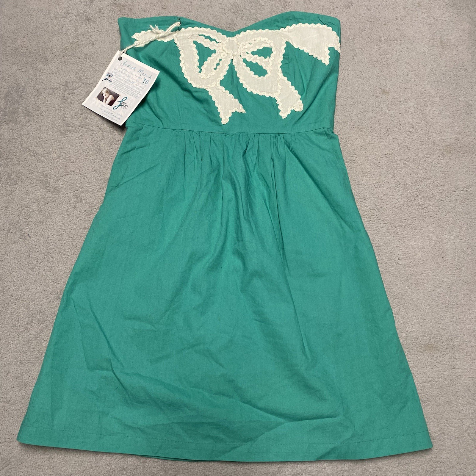 Judith March Dress Small Green Embroidered Bow Short Sleeveless Zip Back NEW