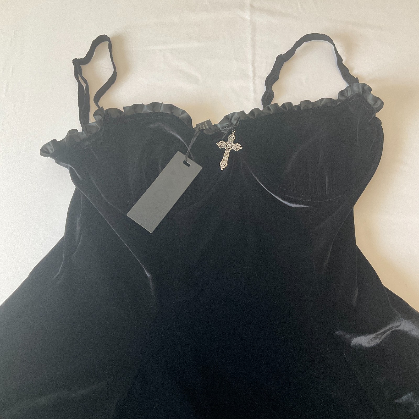Dolls Kill Widow Dress Womens Size XL Black Velvet Zip Lace Stretch Straps Wired