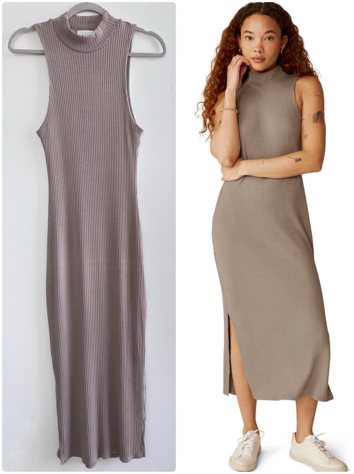Beyond Yoga Well Traveled Ribbed Mock Neck Sleeveless Midi Maxi Dress Taupe M
