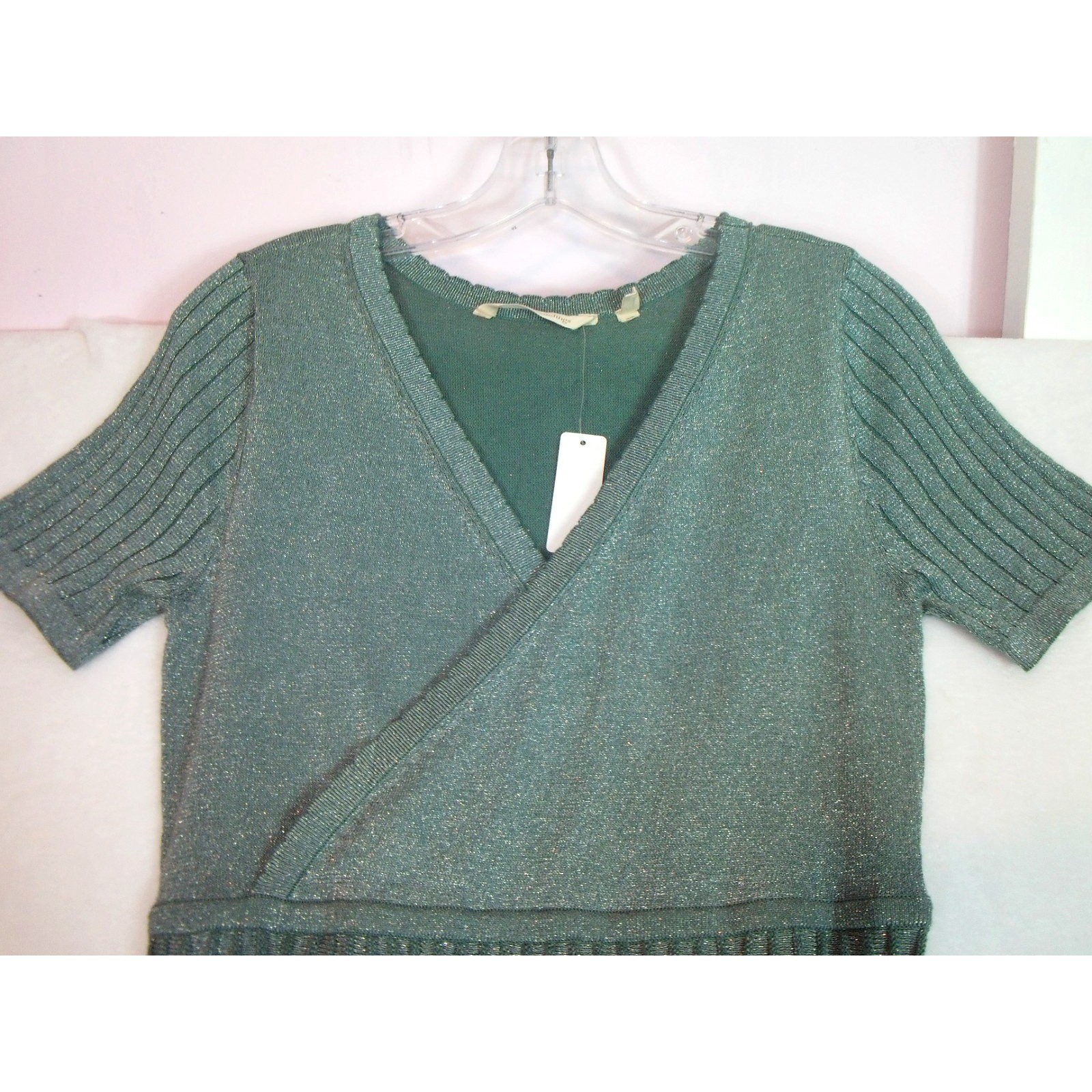 Soft Surroundings Green Silver Metallic Pleats Shimmer Midi Dress Size PS NWT