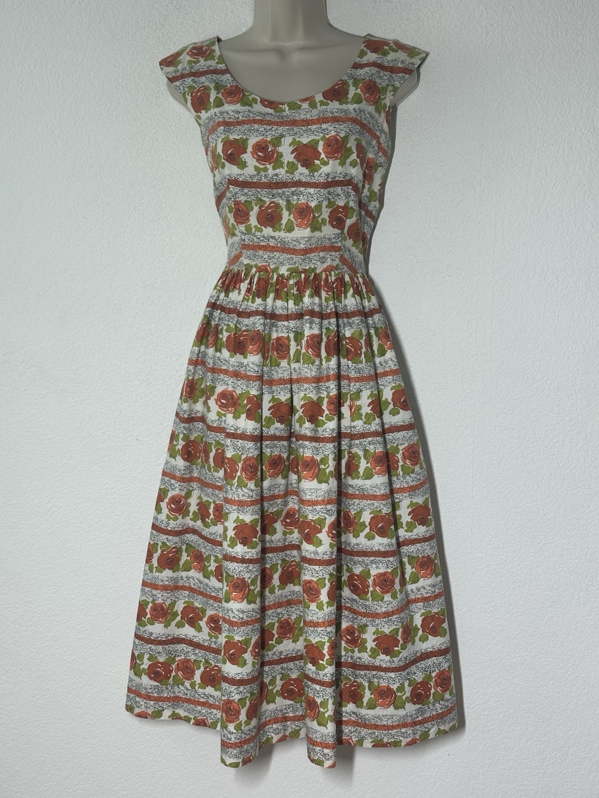 Vtg 50s Handmade Cotton Floral Midi Dress Full Gathered Circle Skirt Rockabilly