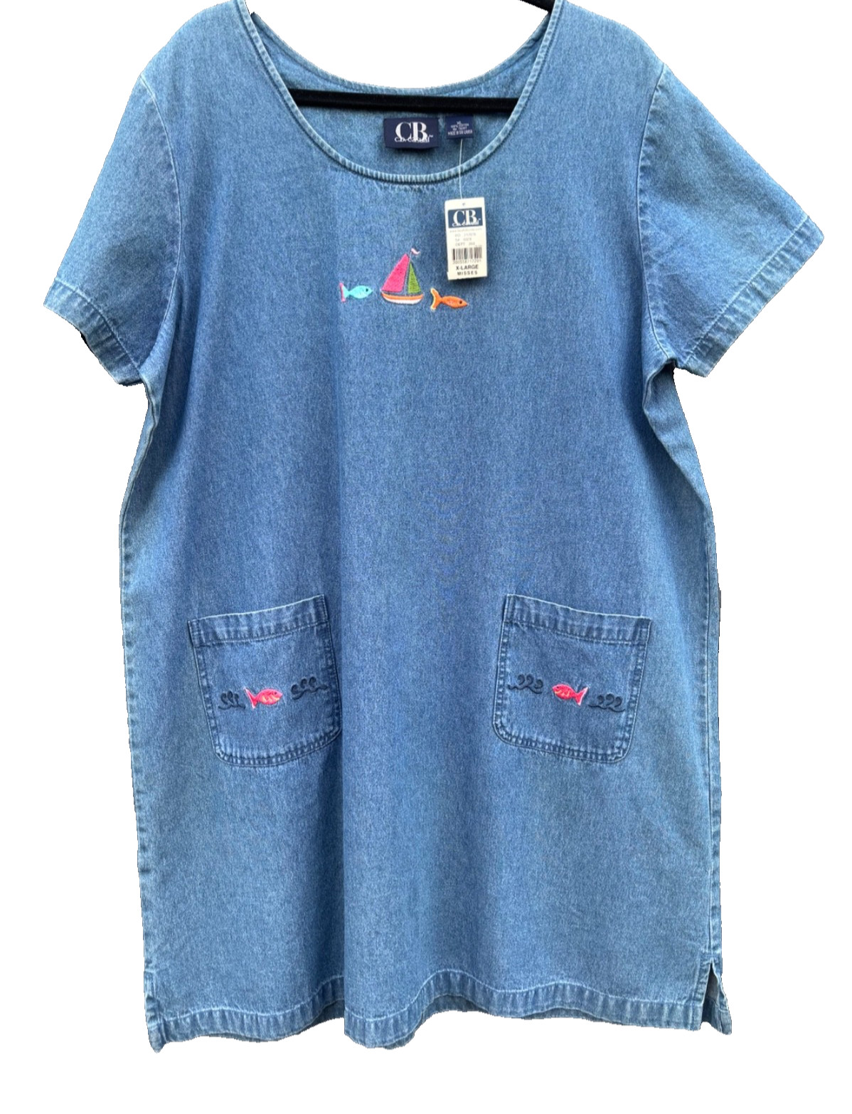 NWT CB CASUAL Jumper Dress (XL) Blue Denim Shift Pockets Pullover 48” Chest