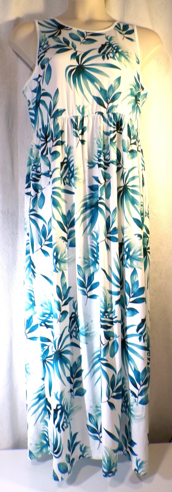 Hount Teal Green White Palm Leaf Floral W/Pockets Sleeveless Maxi Dress Size XL