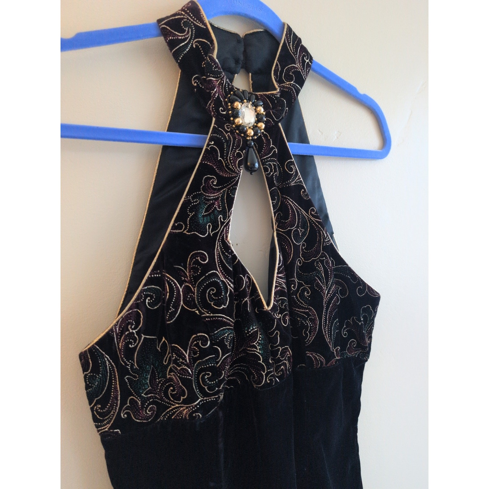 Vintage 80’s / 90’s Gunne Sax Halter Leaf Print Velvet Gold Trim Dress Sz 11/12
