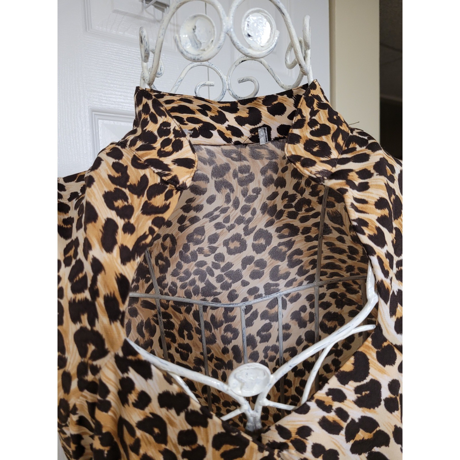 Leopard Print Keyhole Neck Puff Sleeve Belted A-Line Dress BOHO Brown/Tan Size M