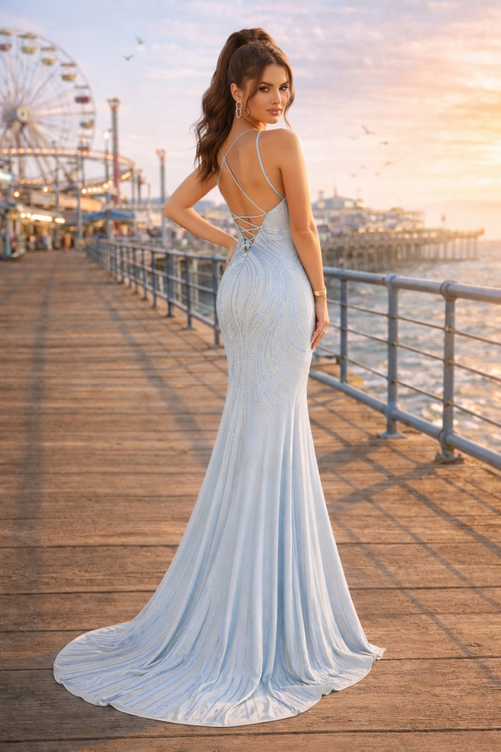 Long Light Blue Multi Coior Beaded Chiffon Sweetheart Prom Dress Size 00