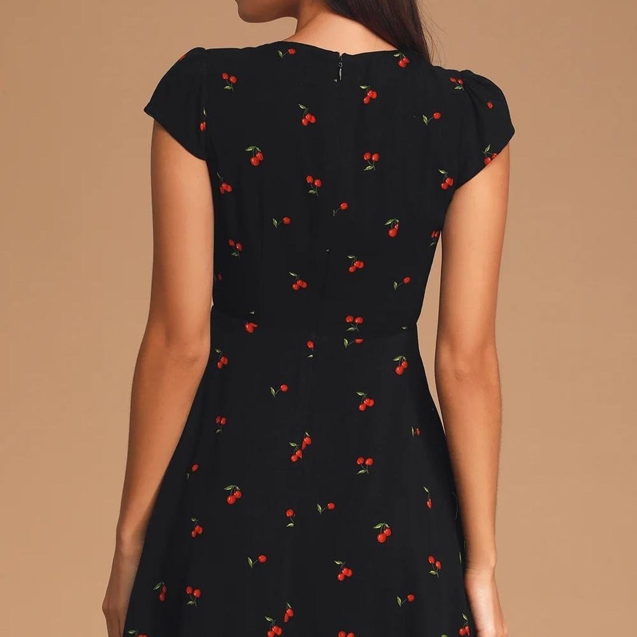 Lulus Mini Dress Women Medium Black Cherry Print Cherish You Surplice Flutter
