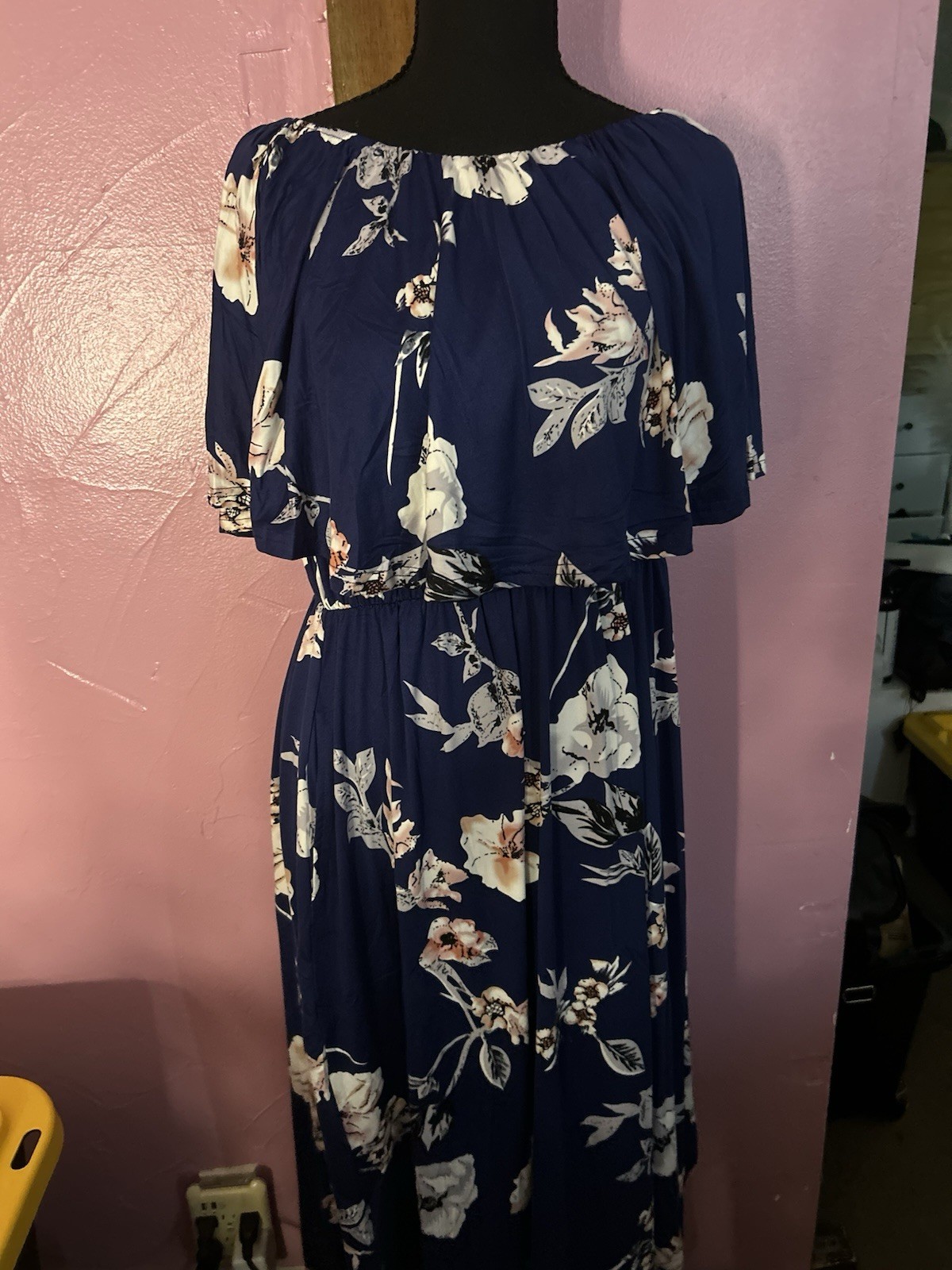 AUSELILY Blue/White Floral Round Neck Flutter Short Sleeve Chiffon Maxi, XL