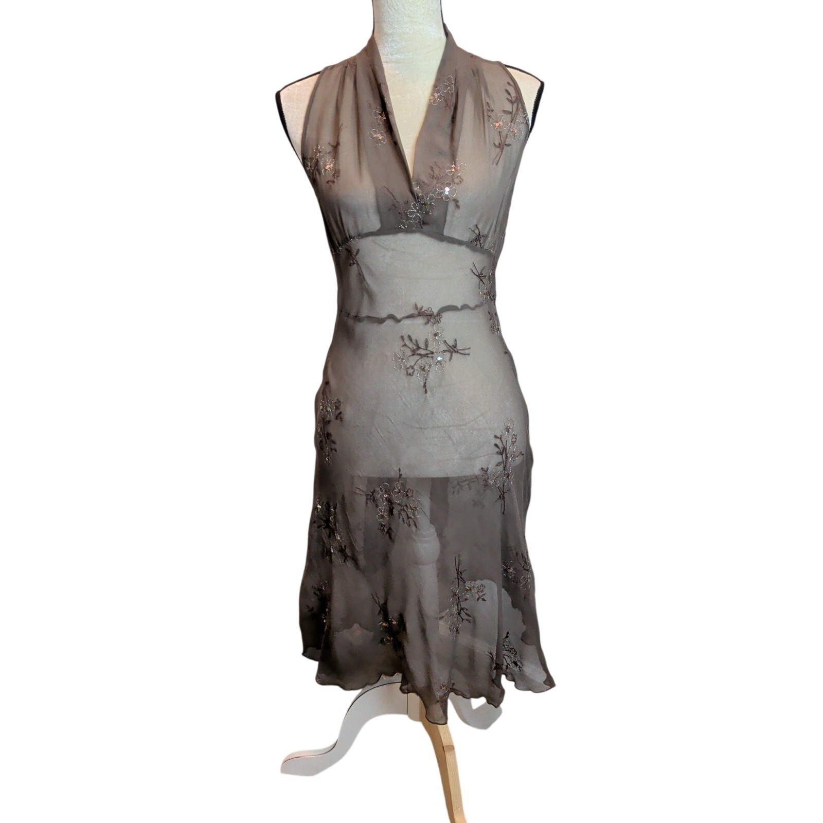 Vtg Y2K 90s Sheer Silk Chiffon Fairy Dress Embroidery Sequin Brown Bias Cut