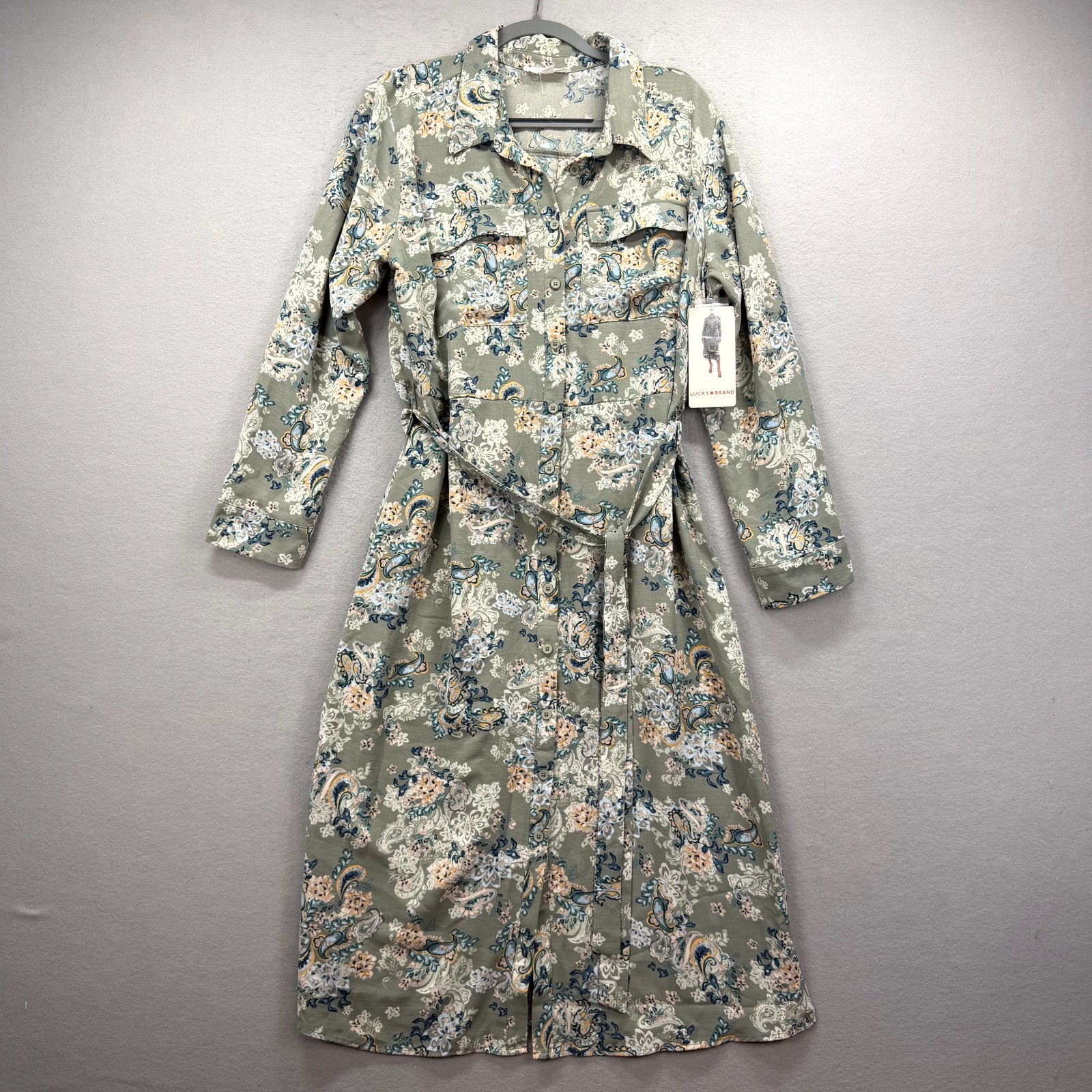 Lucky Brand Shirt Dress Womens XL Sage Green Paisley Floral Belted Button Front