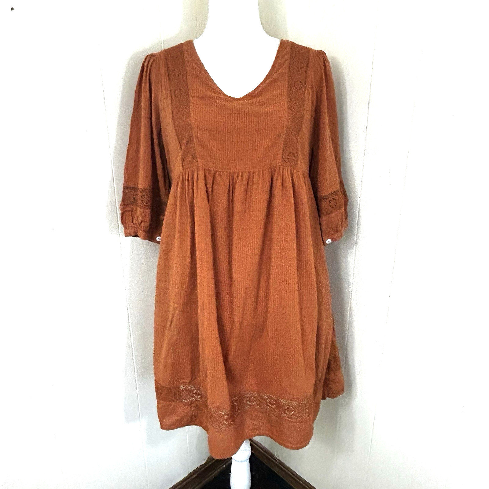 Roolee Wash Orange Dress Size Small Oversize Embroidered Boho Peasant Blouson