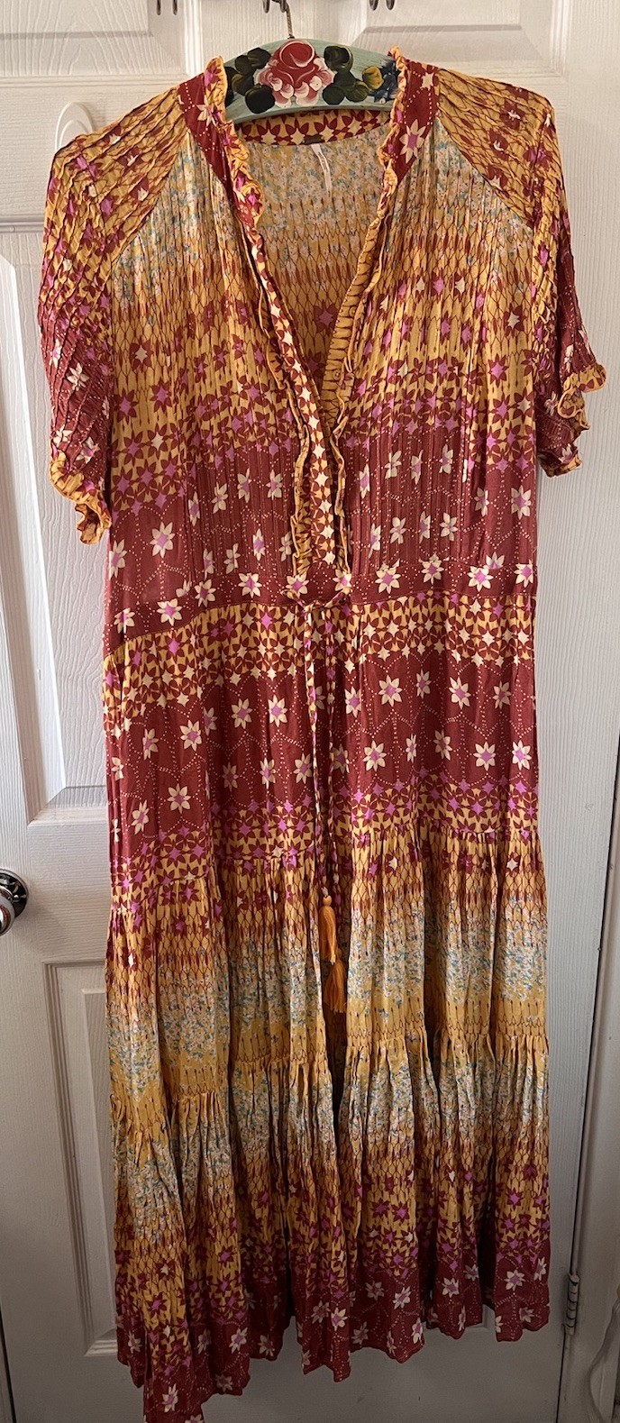 Free People Rare Feeling Red Floral Bohemian Maxi Dress Short Sleeve, Sz XL