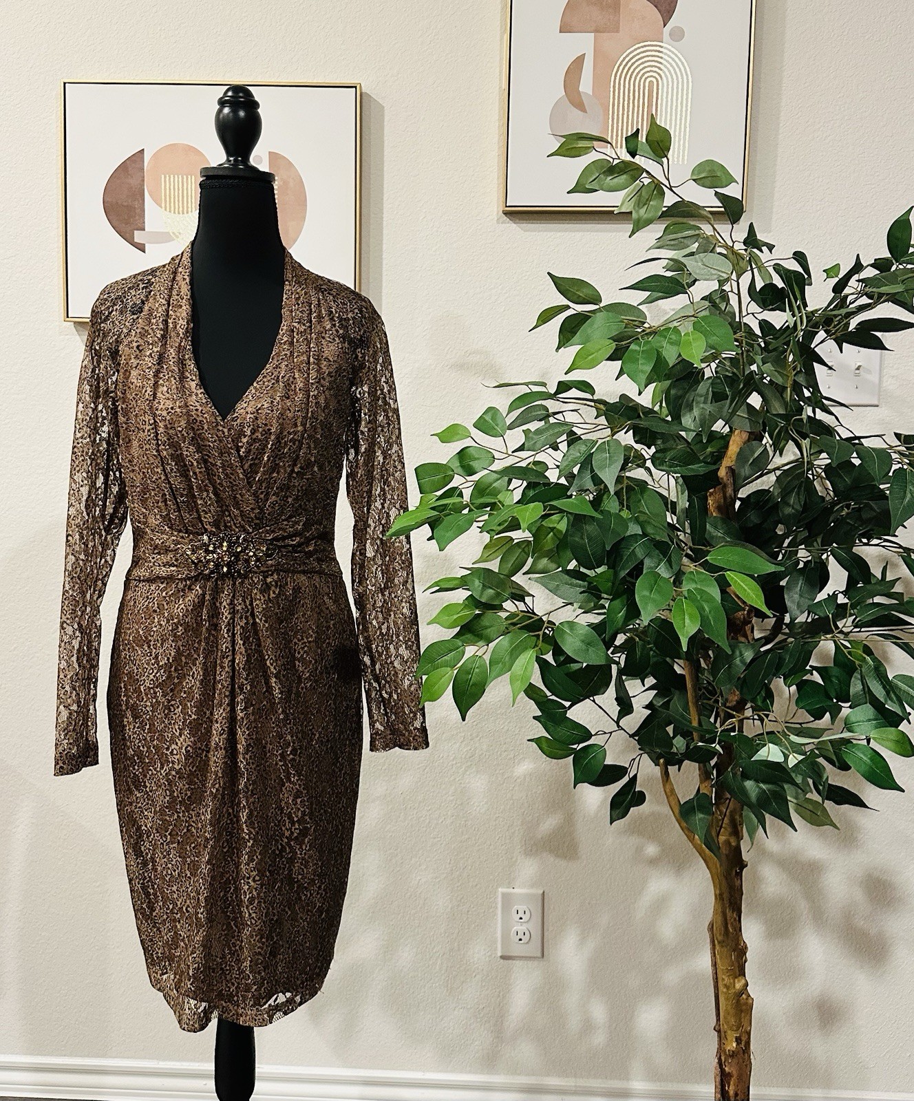 David Meister Leopard Print Lace Lined Evening Midi Dress With Jeweled Belt Sz 6