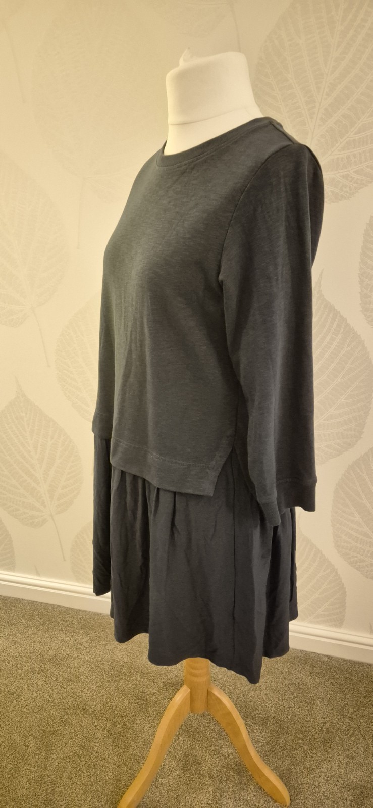 Oliver Bonas Size 12 Dark Grey Casual Mini Dress Comfy Winter Spring 3/4 Sleeve