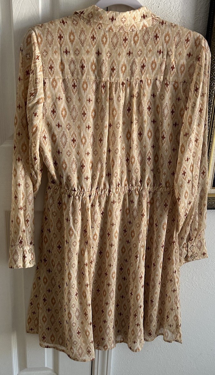 Lucky Brand Beige Brown Geometric Shirt Dress Collared Button Front M