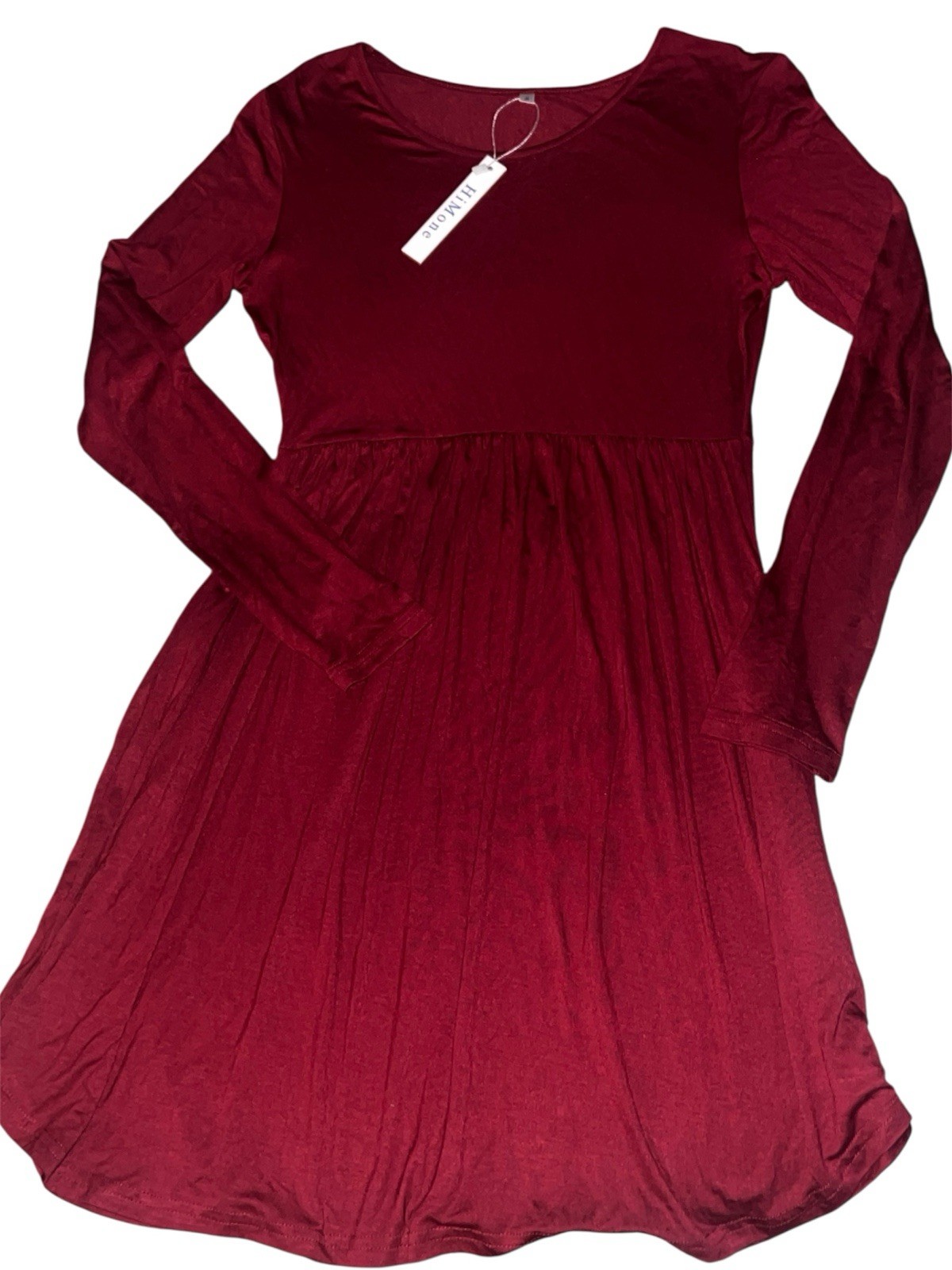 HiMone Deep Red Long Sleeve Pleated Empire Waist Dress – Size S ( Vestido Rojo)
