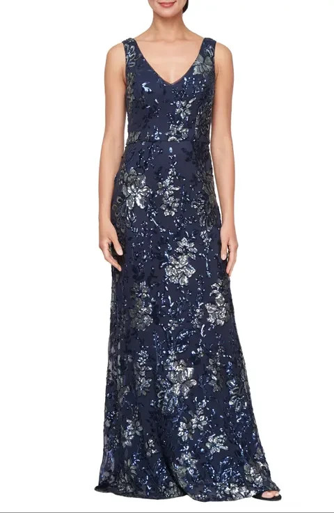 Alex Evenings Navy Blue Sequin Floral A-Line Gown Size 18 $199