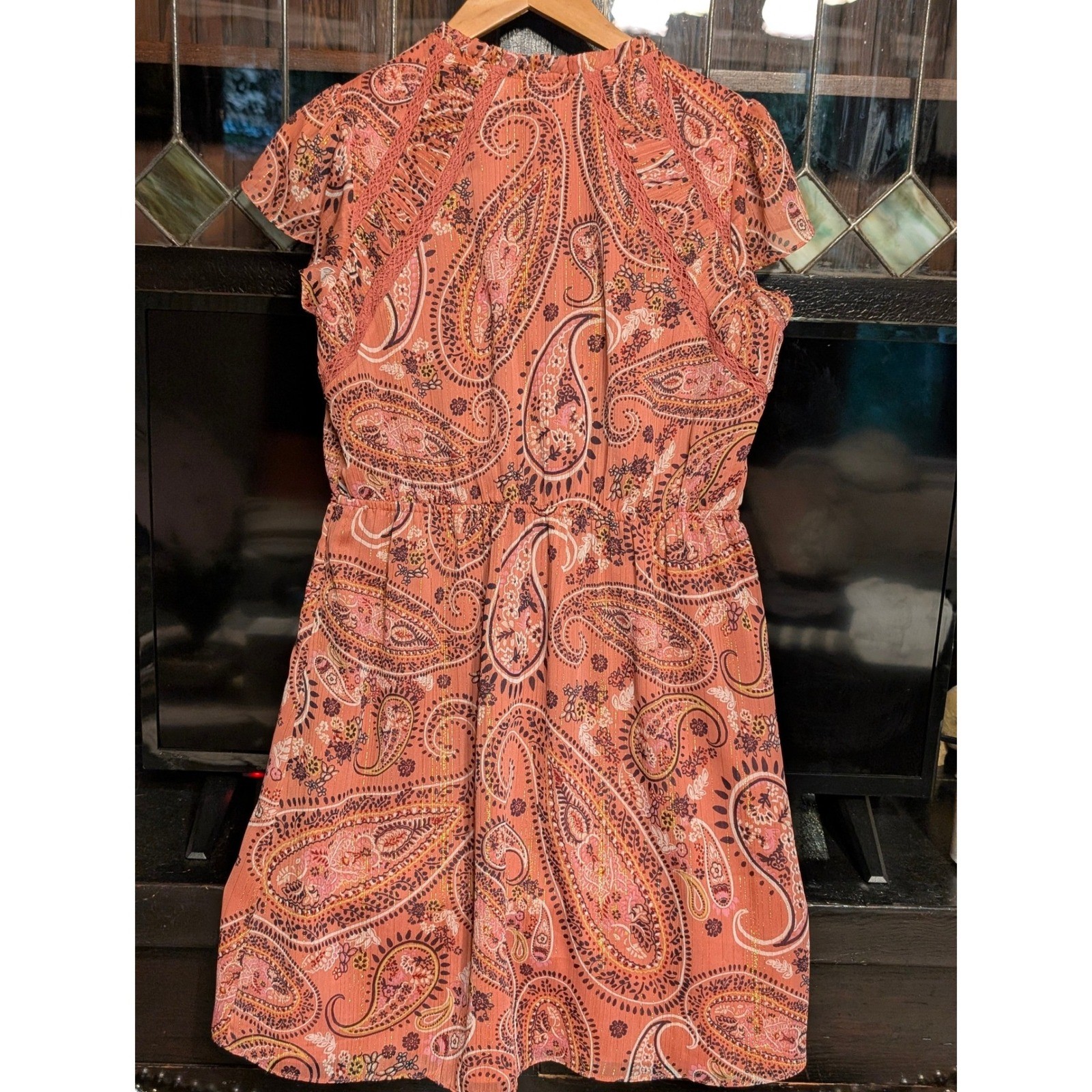 NWT Daniel Rainn Coral Paisley Metallic Lurex Flutter Sleeve Mini Dress P Medium