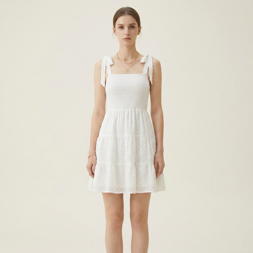 Textured Tie-Strap Tiered Mini Dress