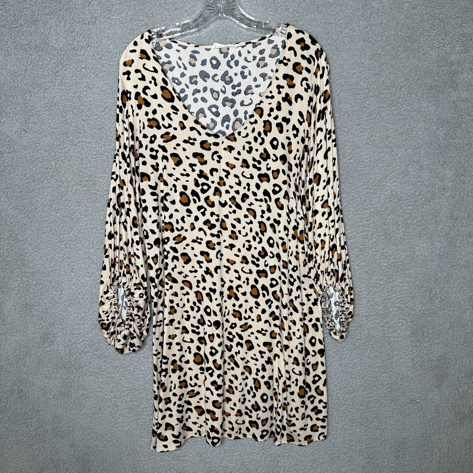 ee:some Leopard Print Dress Women XL Tan Excellent V-Neck Bubble Sleeve Mini