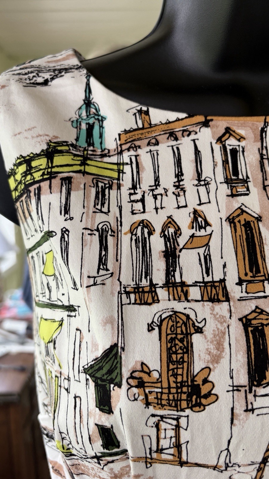 Chetta B Venice Italy Scenic Print Sheath Artsy Dress VTG 50’s Look Size 4