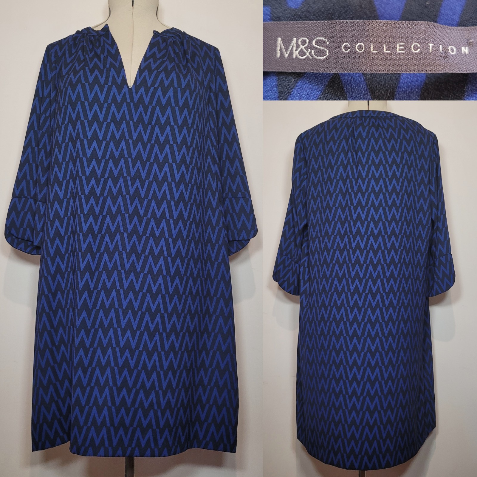 Marks And Spencer Shift Dress Black Blue Geometric Pattern Size 16