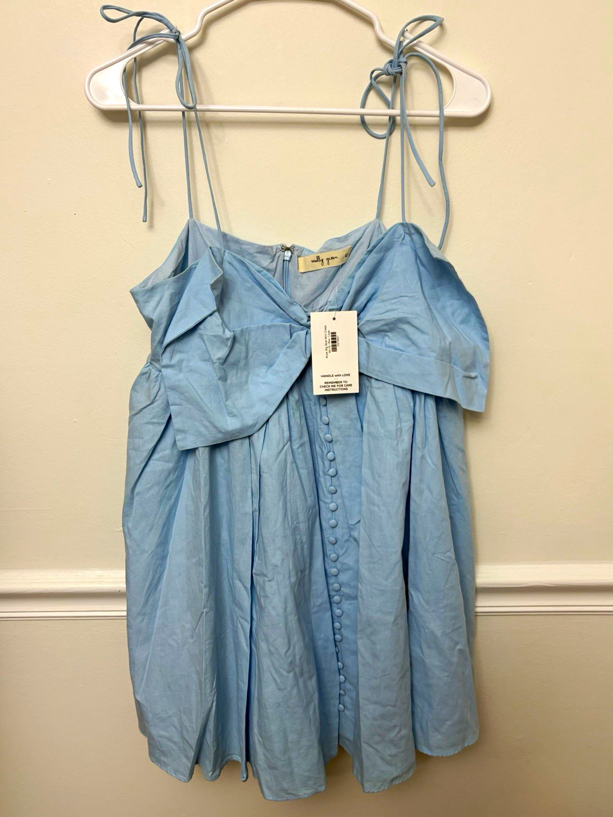 Molly Green Women’s L Blue Solid V-Neck Strappy Mini Dress Bow Button Zip