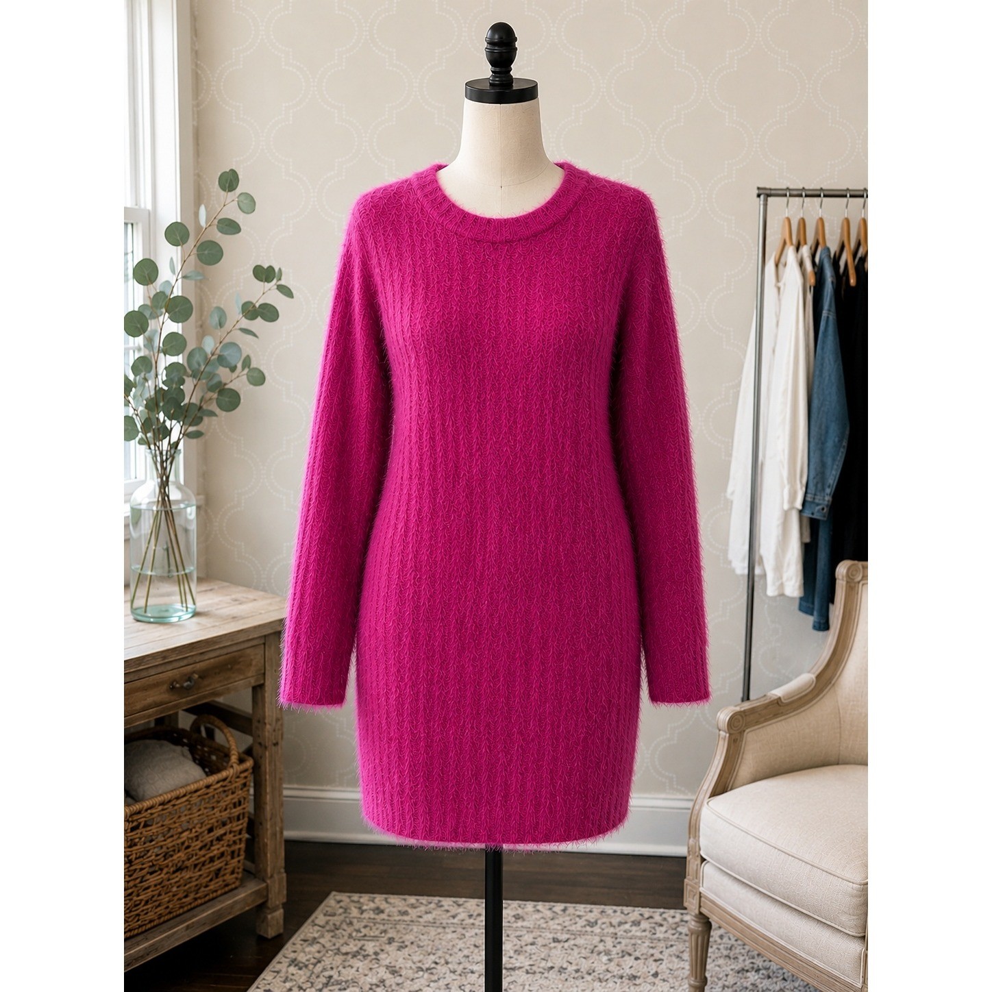 Sadie & Sage Sweater Dress Fuzzy Eyelash Knit Magenta Pink Size L
