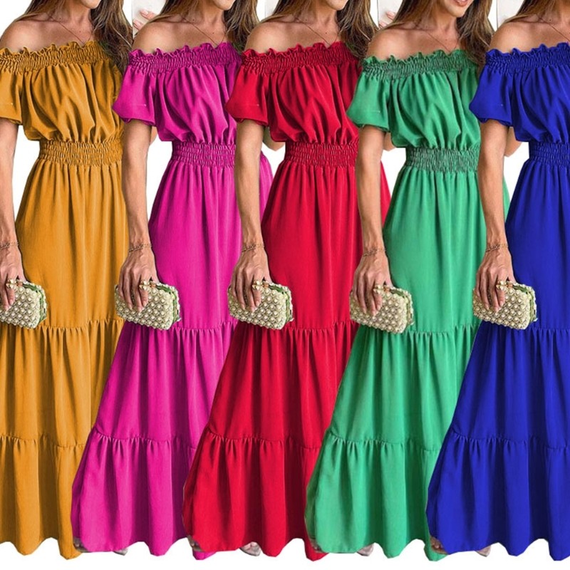 Solid Color Ruffle Long Dress Casual Short Sleeves High Waist Elegant Dress
