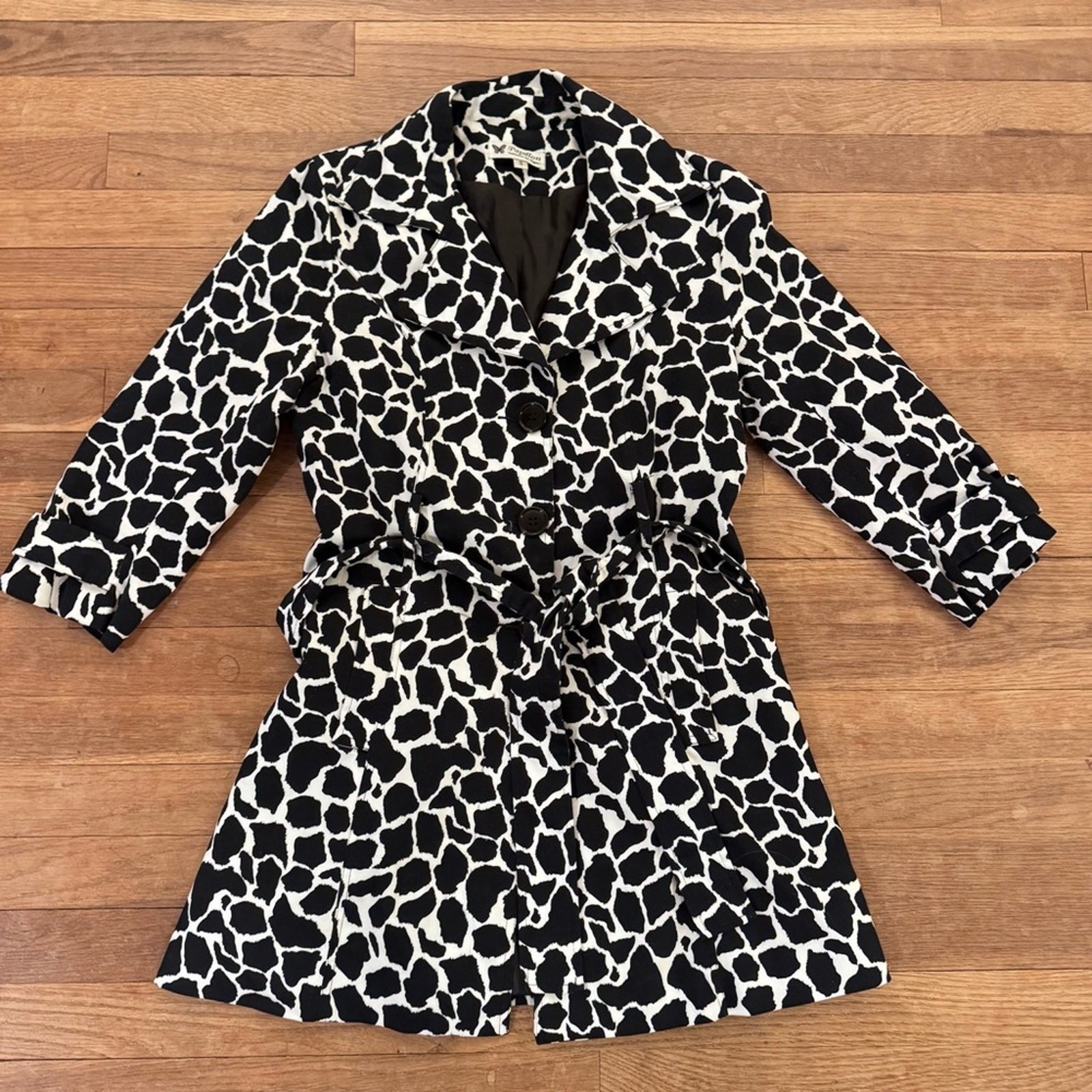 Papillon black white 3/4 sleeve belted a-line mini tunic shirt dress sz S b75
