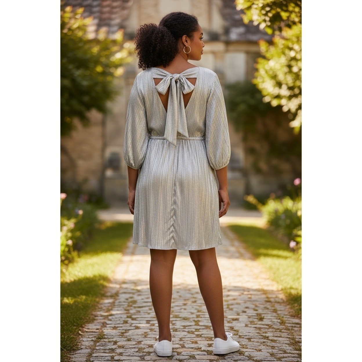 Daniel Rainn Silver Metallic Plisse Long Sleeve Tie Back Shift Dress XXL NWT