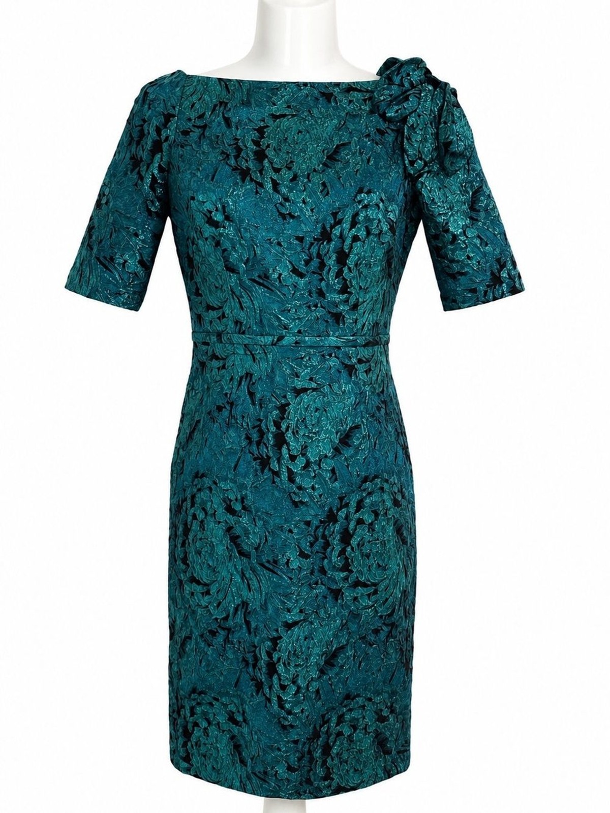 Teri Jon Rickie Freeman Teal Metallic Floral Jacquard Bow Shoulder Sheath Dress