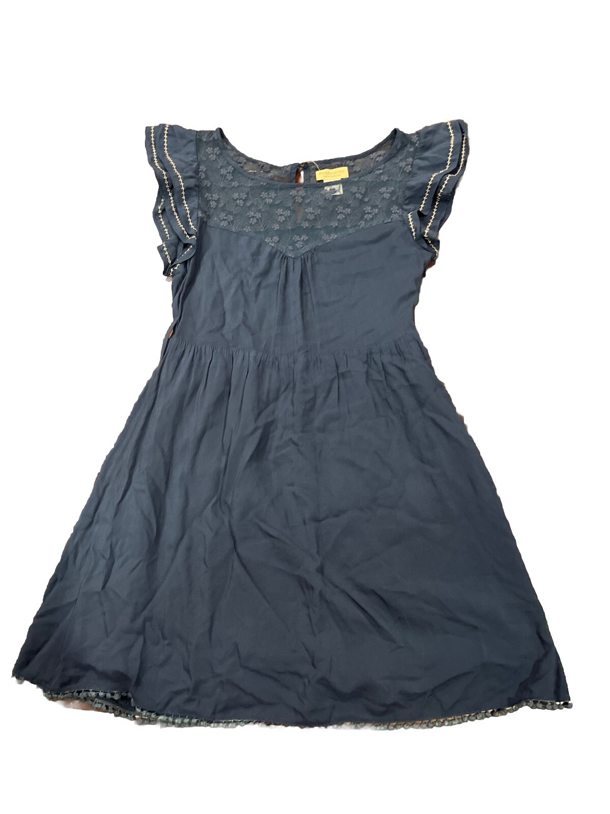 Womens Moon Collection Blue Lace Ruffle Sleeve Dress Embroidered Lined Sz S