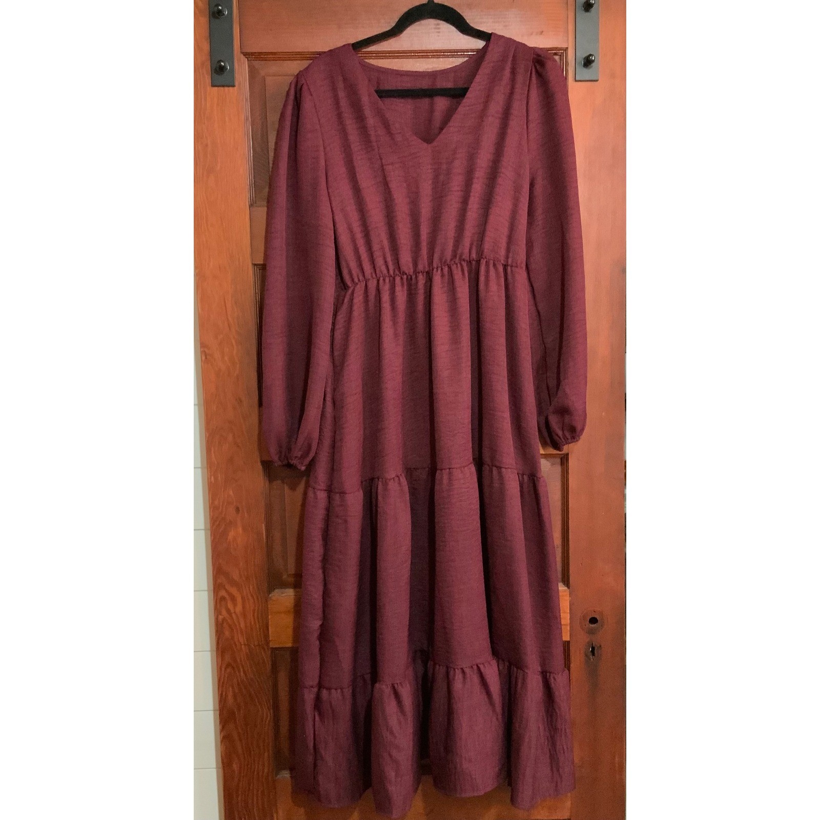 SHEIN Burgundy Tiered Maxi Dress Long Sleeve V-Neck Cottagecore Maroon Wine