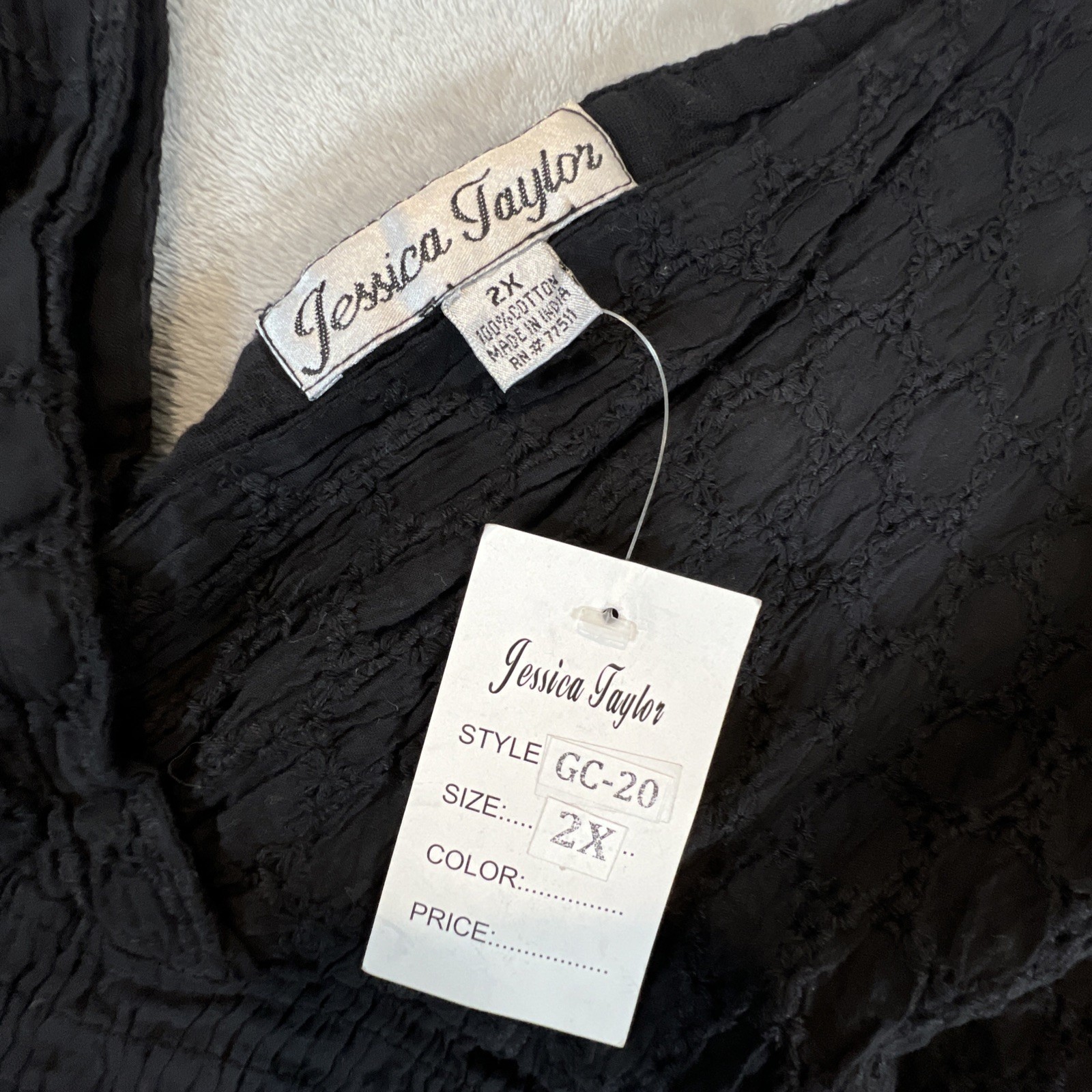 Jessica Taylor 100% Cotton Smocked Midi Dress Black V Neck 2X Style GC-20
