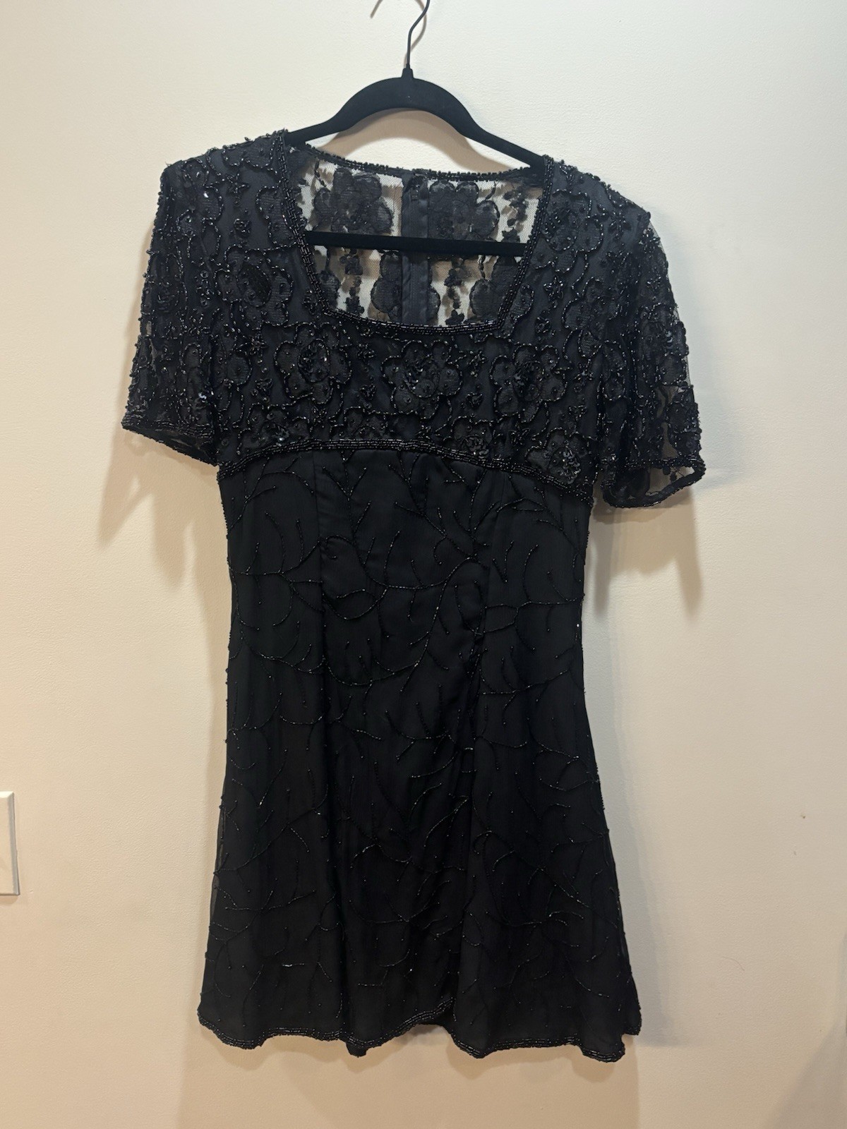 Vintage Stenay 100% Silk Beaded Party Dress Women P6 Black Sequin Mini