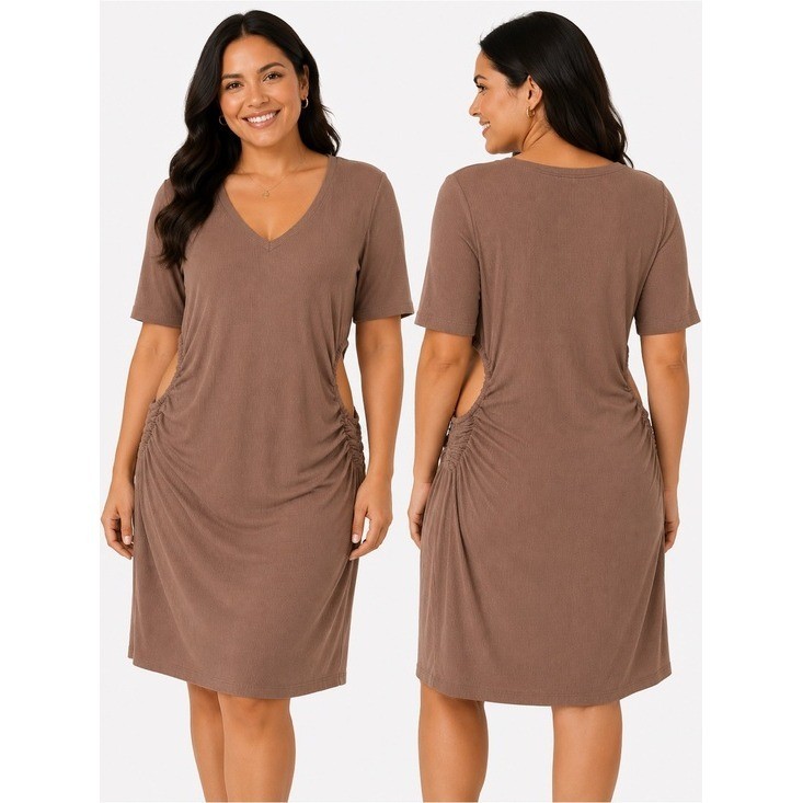 Daily Ritual Womens Brown V-Neck Ruched Side Dress Minimalist Clean Girl Basic
