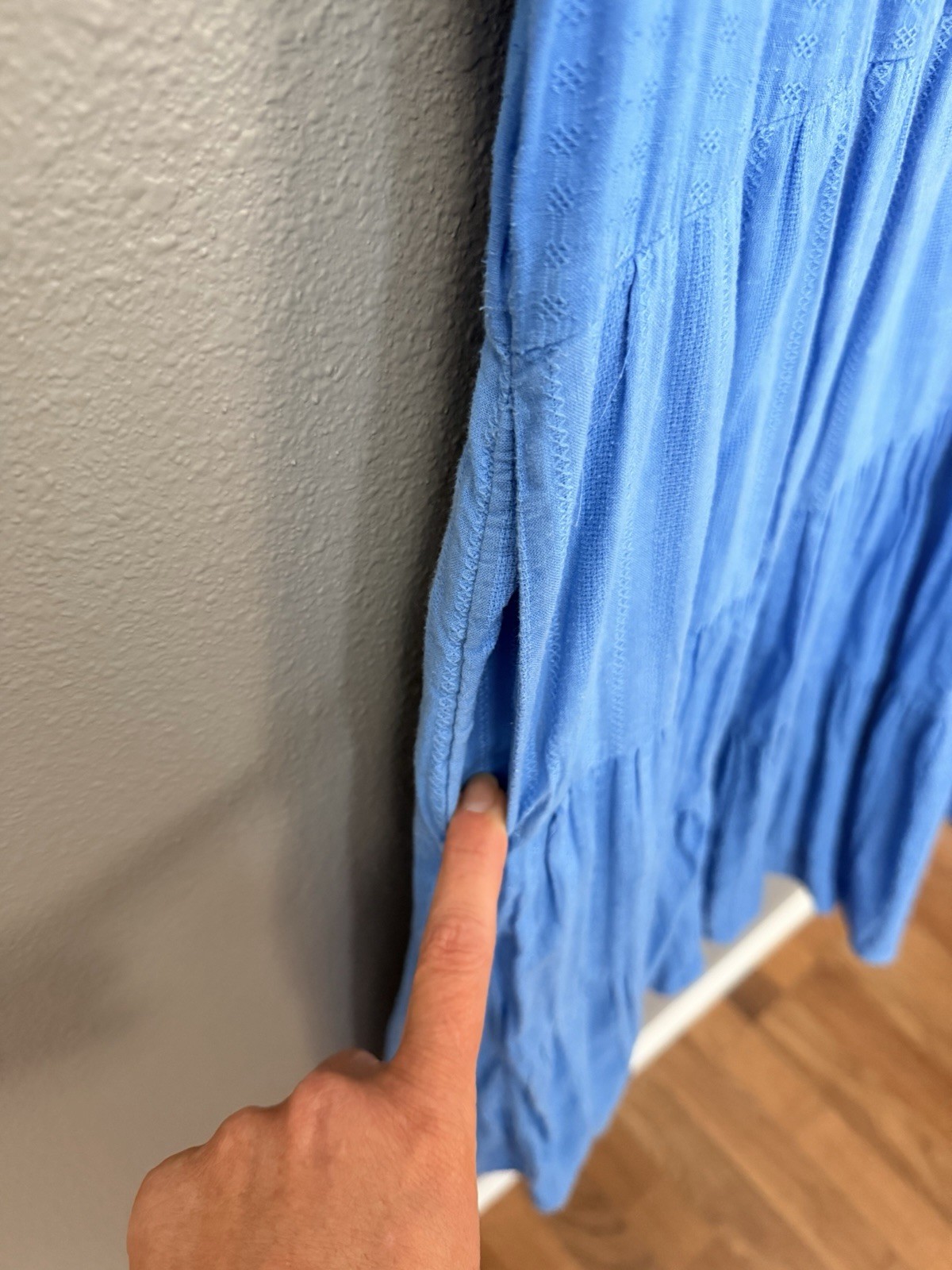 Anthropologie Blue Tiered Dress Medium Cotton Lace Boho Pockets Lined