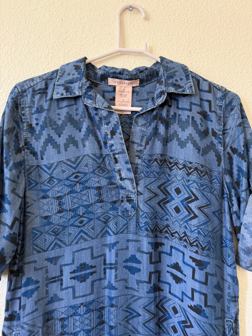 Philosophy Womens Aztec Print Chambray Shirt Dress Tencel Blue Size S