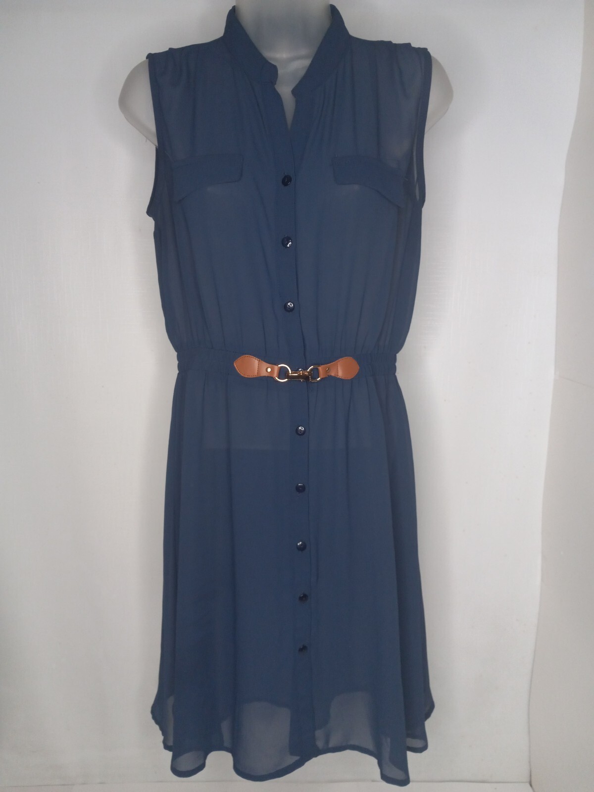 R N B Women’s Dress Size Small Blue Collared Button Belted Sheer Chiffon